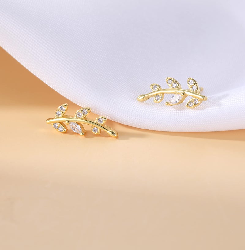 Reffeer Solid 925 Sterling Silver Leaf Crawler Stud Earrings for Women Teen Girls Crystal Leaf Stud Earrings (B-Yellow) - Image 3