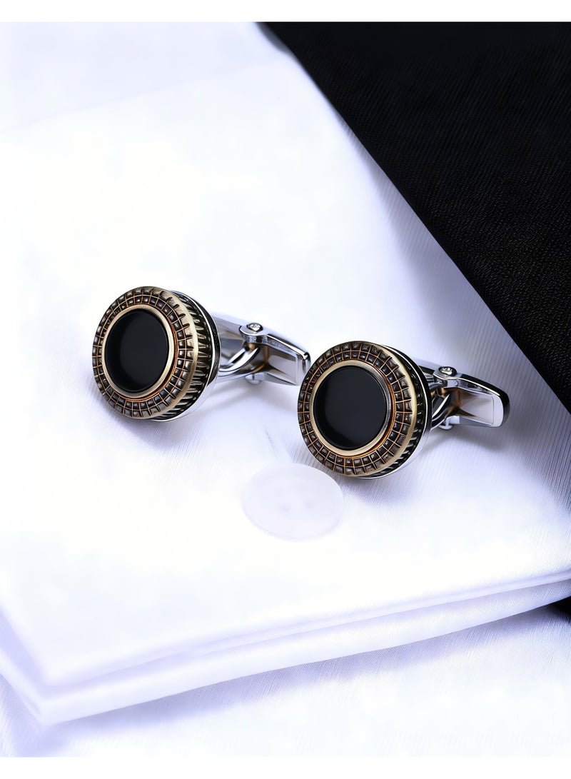 HomeNoor Vintage Gold & Black Round Cufflinks, Elegant Formal French Cufflinks for Business, Wedding and Daily Wear, Stylish Shirt Cuff Links for Special Events, Perfect Gift  Idea for Men & Women - Image 1