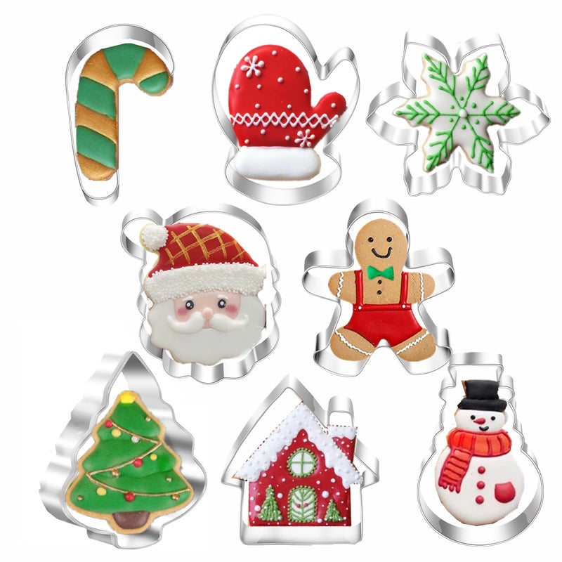 TUZICAKE Christmas Cookie Cutters  8PCS Holiday Cookie Cutter Shapes - Snowman Christmas Tree Gingerbread Man Candy Cane Snowflake Santa Face Christmas House  Winter Glove Cookies Mold  - Image 1