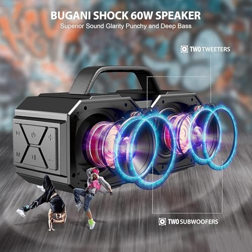 BUGANI Shock Bluetooth Speaker, Portable Bluetooth 5.3, Waterproof, 60W Super Power, Outdoor Speaker, Black(New Model) - Image 3