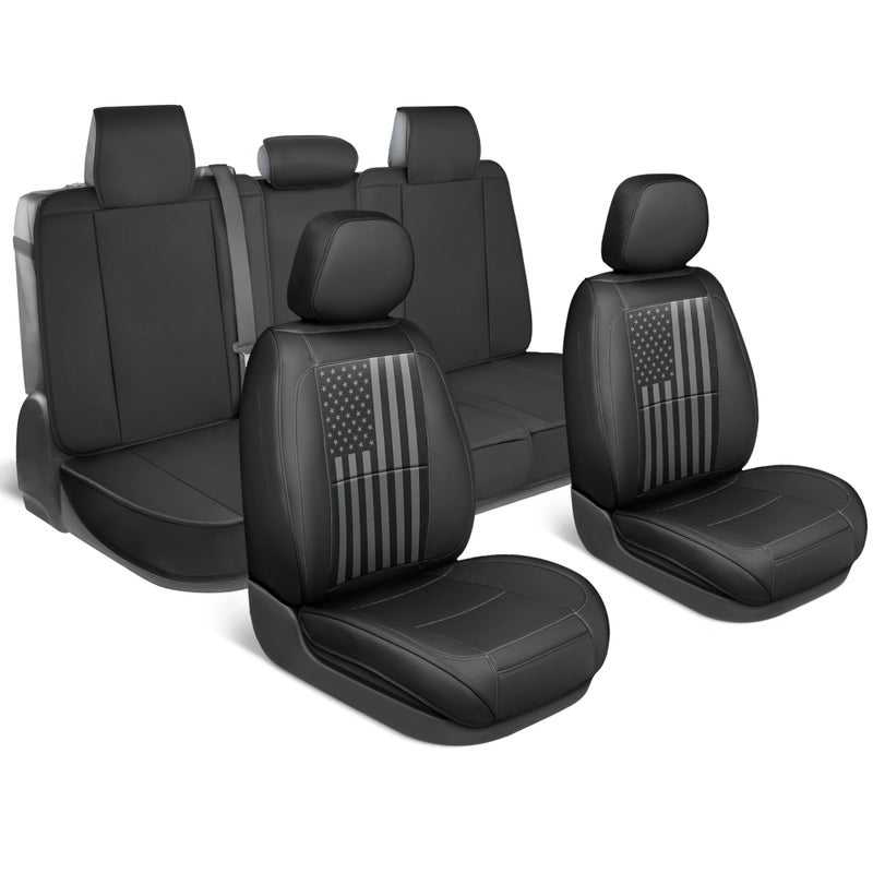 MotorBox Flag Car/Truck Seat Covers Full Set â€“ USA Patriotic American Flag Edition Faux Leather Seat Covers, Black & Gray Design, Includes Front & Rear Cover with Back Protector for Cars/SUVs/Trucks - Image 1