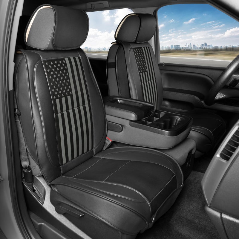 MotorBox Flag Car/Truck Seat Covers Full Set â€“ USA Patriotic American Flag Edition Faux Leather Seat Covers, Black & Gray Design, Includes Front & Rear Cover with Back Protector for Cars/SUVs/Trucks - Image 4