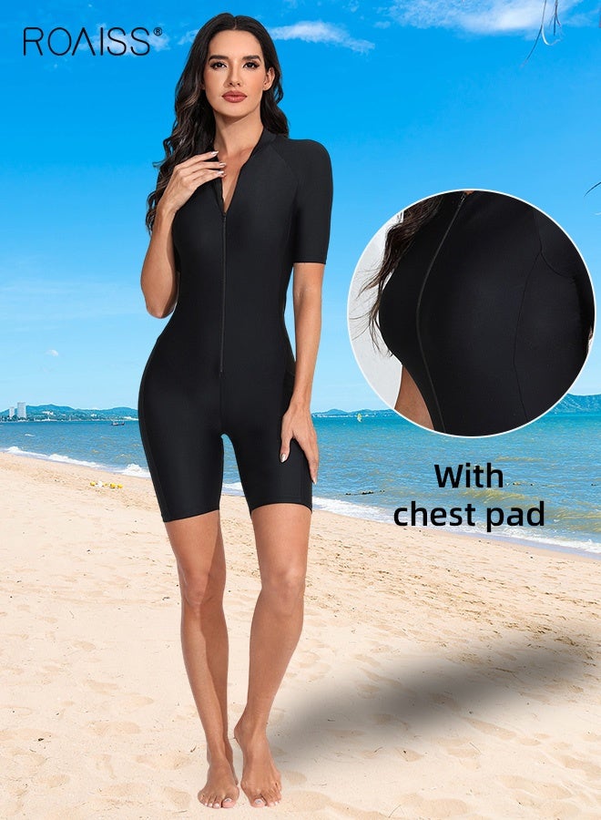 roaiss Women's One Piece Swimwear Knee Length Sports Racing Competition Bathing Suit Short Sleeve Zipper Wetsuit Zip Front Surfing Swimsuit Ladies Conservative Sun Protection Beachwear with Chest Pad Black  - Image 4