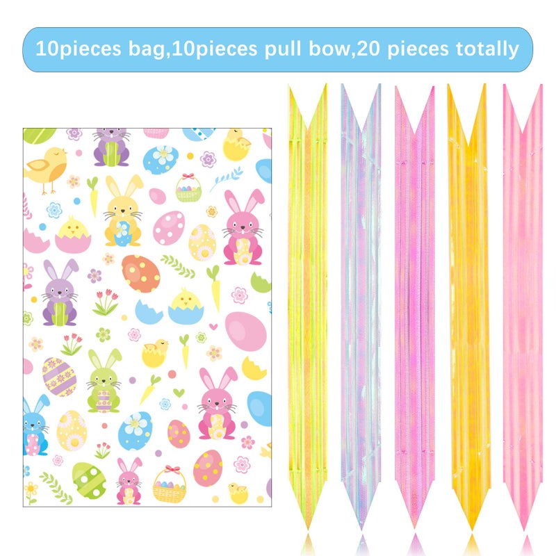 Kolewo4ever 20pcs Basket Bags Pull Bow Set 10 Pieces Easter Cellophane Wrap Plastic Bag 10 Pieces Easter Theme Pull Bow for Gifts Baskets Party Festivals (12x18 inch) - Image 2