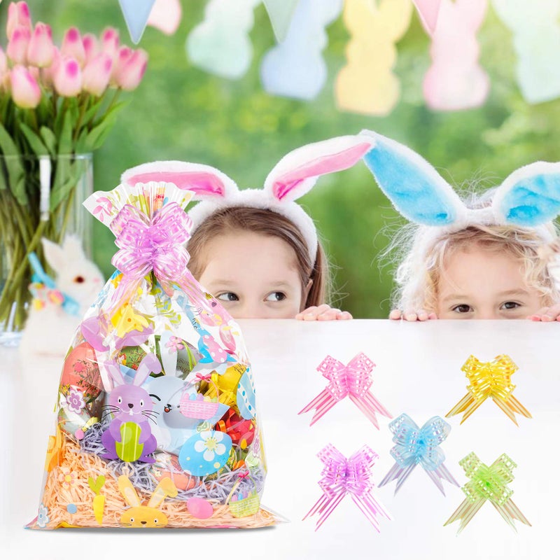 Kolewo4ever 20pcs Basket Bags Pull Bow Set 10 Pieces Easter Cellophane Wrap Plastic Bag 10 Pieces Easter Theme Pull Bow for Gifts Baskets Party Festivals (12x18 inch) - Image 5