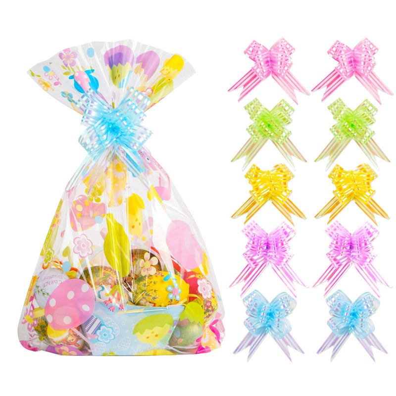 Kolewo4ever 20pcs Basket Bags Pull Bow Set 10 Pieces Easter Cellophane Wrap Plastic Bag 10 Pieces Easter Theme Pull Bow for Gifts Baskets Party Festivals (12x18 inch) - Image 1