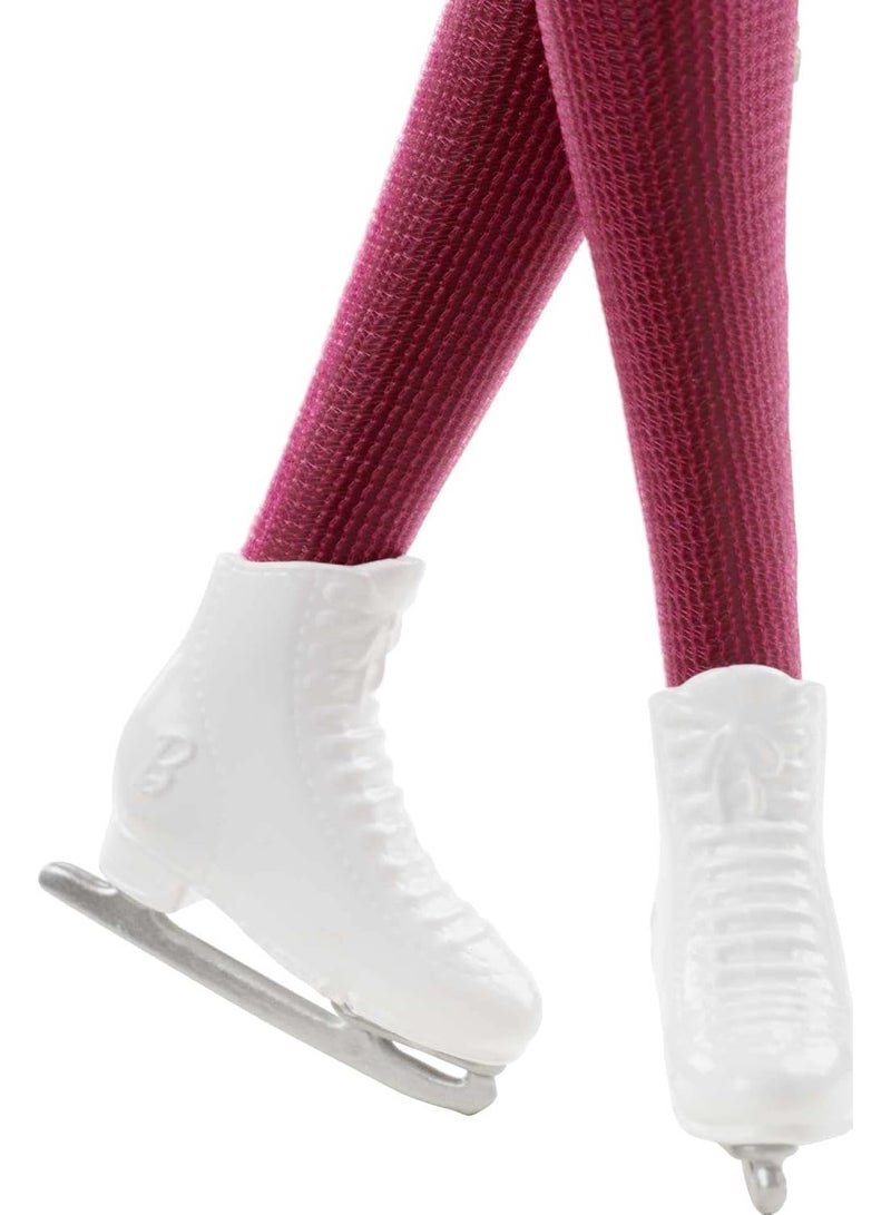 Barbie Winter Sports Ice Skater Brunette Doll (12 Inches) with Pink Dress, Jacket, Rose Bouquet & Trophy, Great Gift for Ages 3 and Up - Image 3