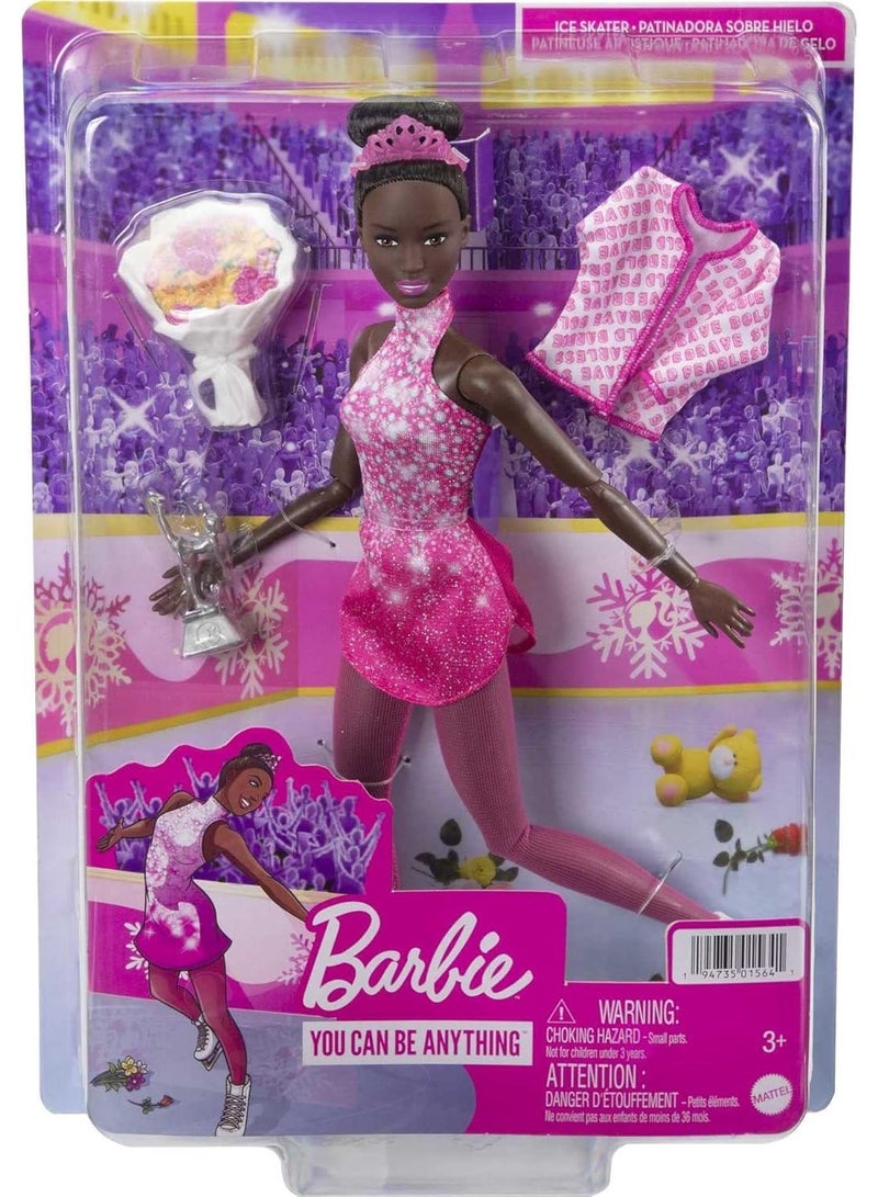 Barbie Winter Sports Ice Skater Brunette Doll (12 Inches) with Pink Dress, Jacket, Rose Bouquet & Trophy, Great Gift for Ages 3 and Up - Image 1