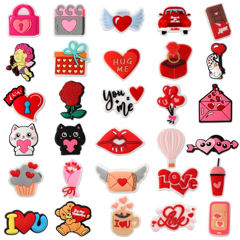 mortd Valentine's Day Theme Shoe Decor Charms, 30Pcs Cute Shoe Charms for Shoe Wristband Clog Sandals Decor, PVC Shoe Charm Accessories for Women Wife Girlfriend Lover Valentine's Day Gifts - Image 1