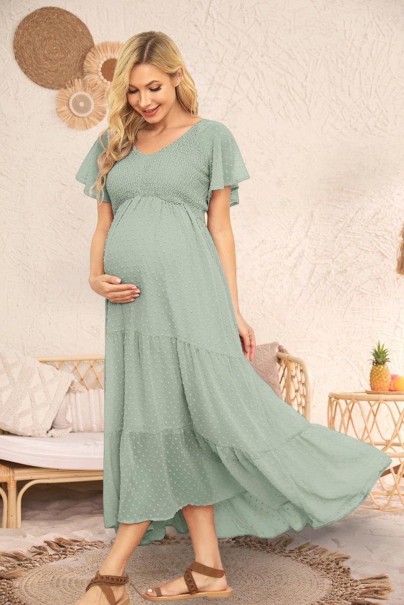 guruixu Swiss Dot Smocked Maternity Dress for Baby Shower Photoshoot Casual V Neck Ruffle Sleeve Empire Waist Tiered Boho Dress Light Green - Image 3