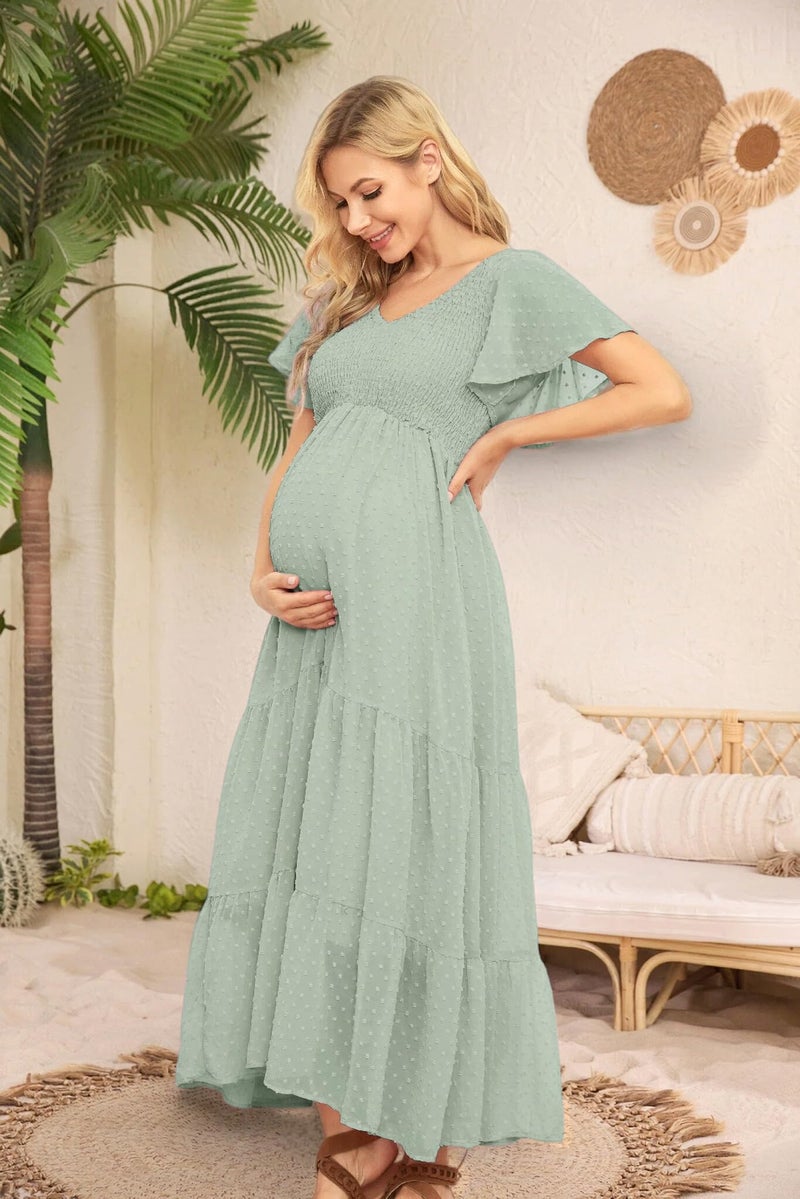 guruixu Swiss Dot Smocked Maternity Dress for Baby Shower Photoshoot Casual V Neck Ruffle Sleeve Empire Waist Tiered Boho Dress Light Green - Image 4