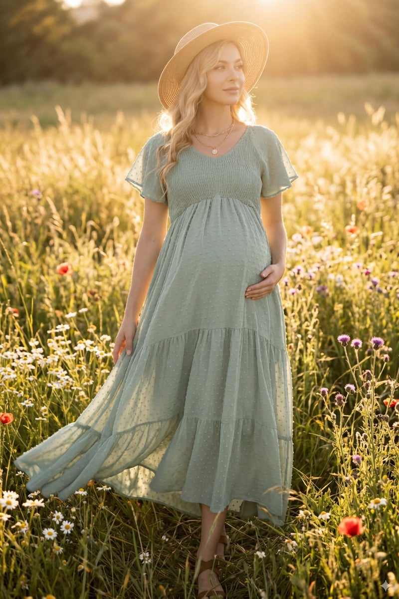 guruixu Swiss Dot Smocked Maternity Dress for Baby Shower Photoshoot Casual V Neck Ruffle Sleeve Empire Waist Tiered Boho Dress Light Green - Image 2