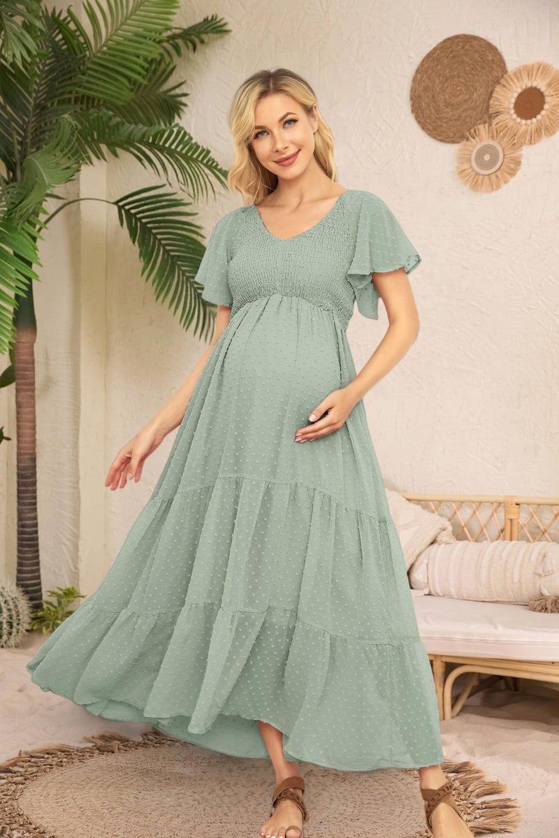 guruixu Swiss Dot Smocked Maternity Dress for Baby Shower Photoshoot Casual V Neck Ruffle Sleeve Empire Waist Tiered Boho Dress Light Green - Image 5