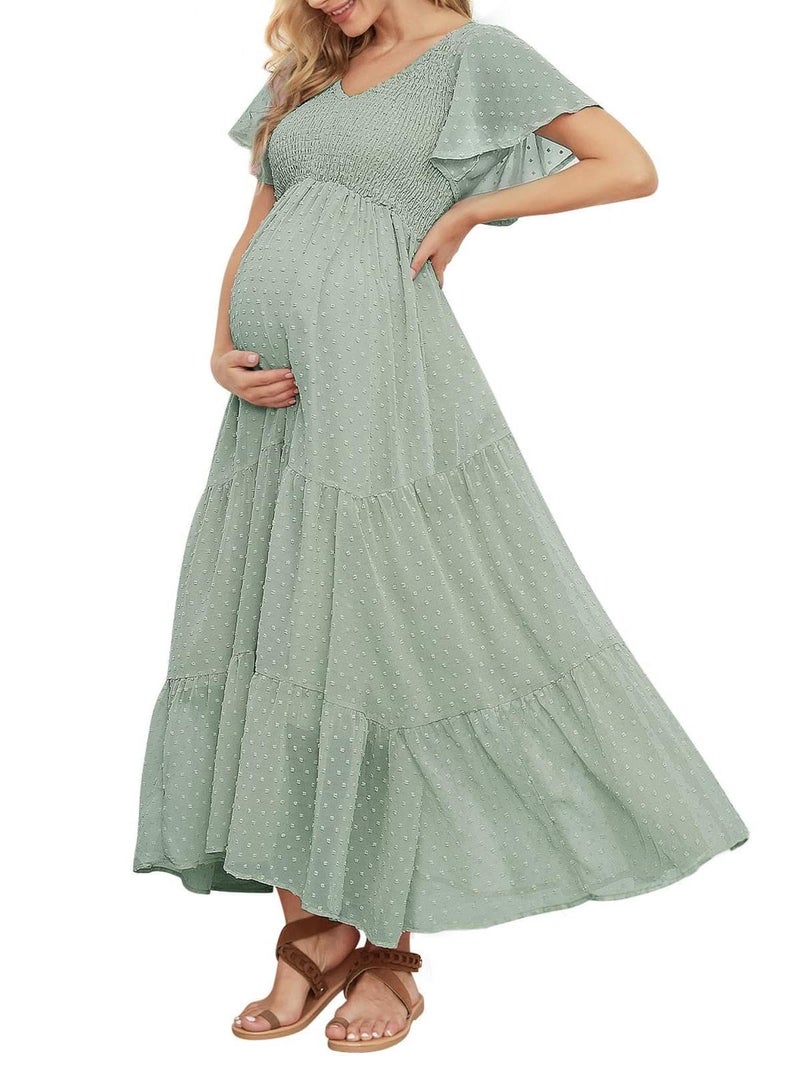 guruixu Swiss Dot Smocked Maternity Dress for Baby Shower Photoshoot Casual V Neck Ruffle Sleeve Empire Waist Tiered Boho Dress Light Green - Image 1