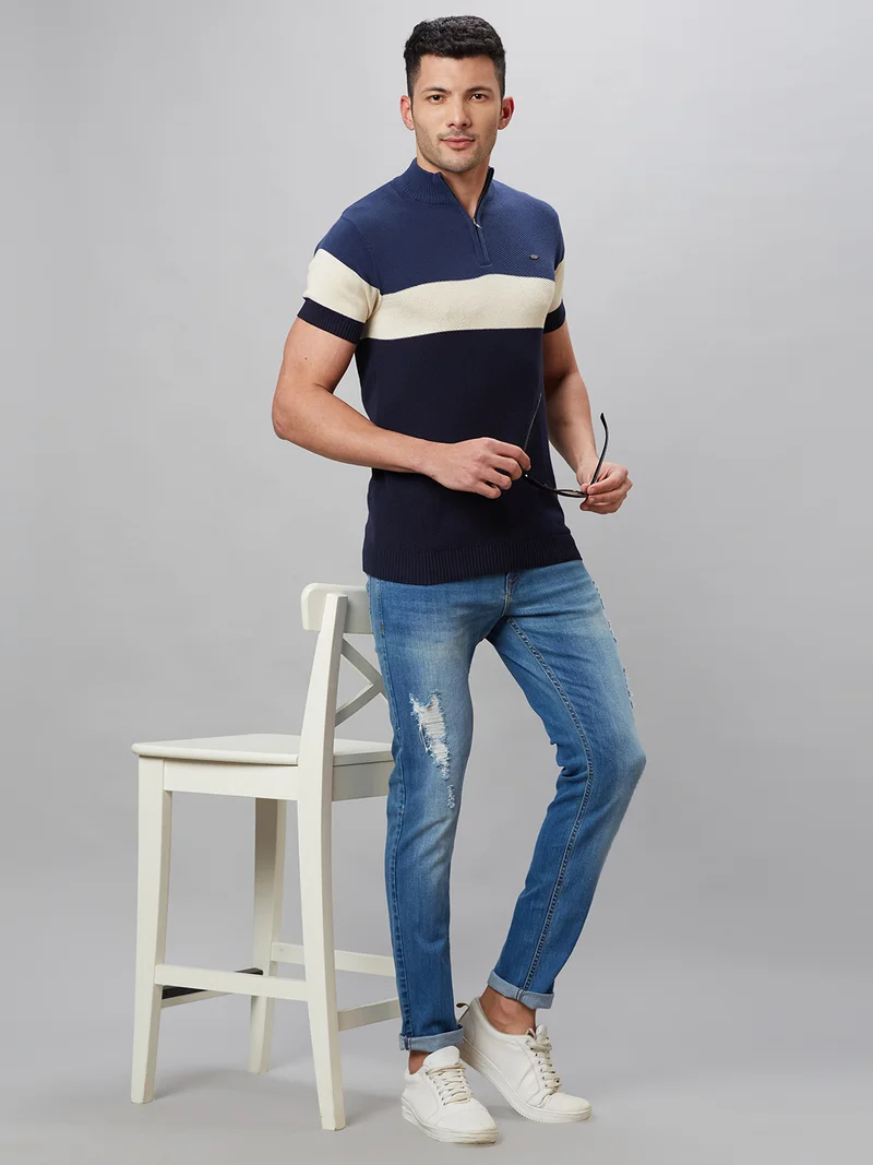 globus Globus Men Navy Blue Colourblocked Cotton High Neck Regular Fit T-shirt