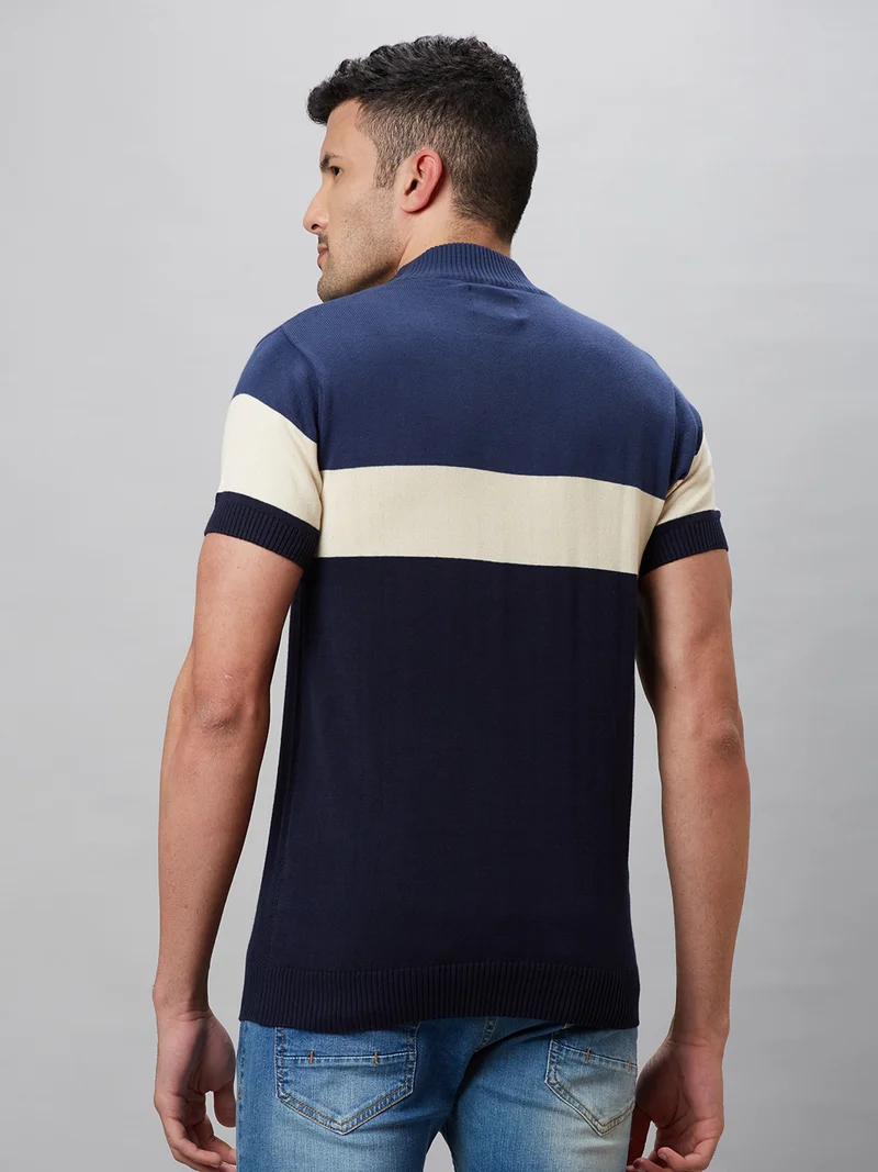 globus Globus Men Navy Blue Colourblocked Cotton High Neck Regular Fit T-shirt