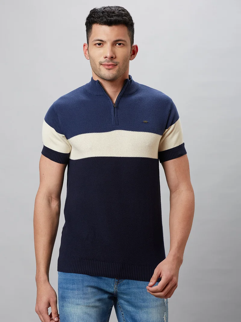 Globus Men Navy Blue Colourblocked Cotton High Neck Regular Fit T-shirt
