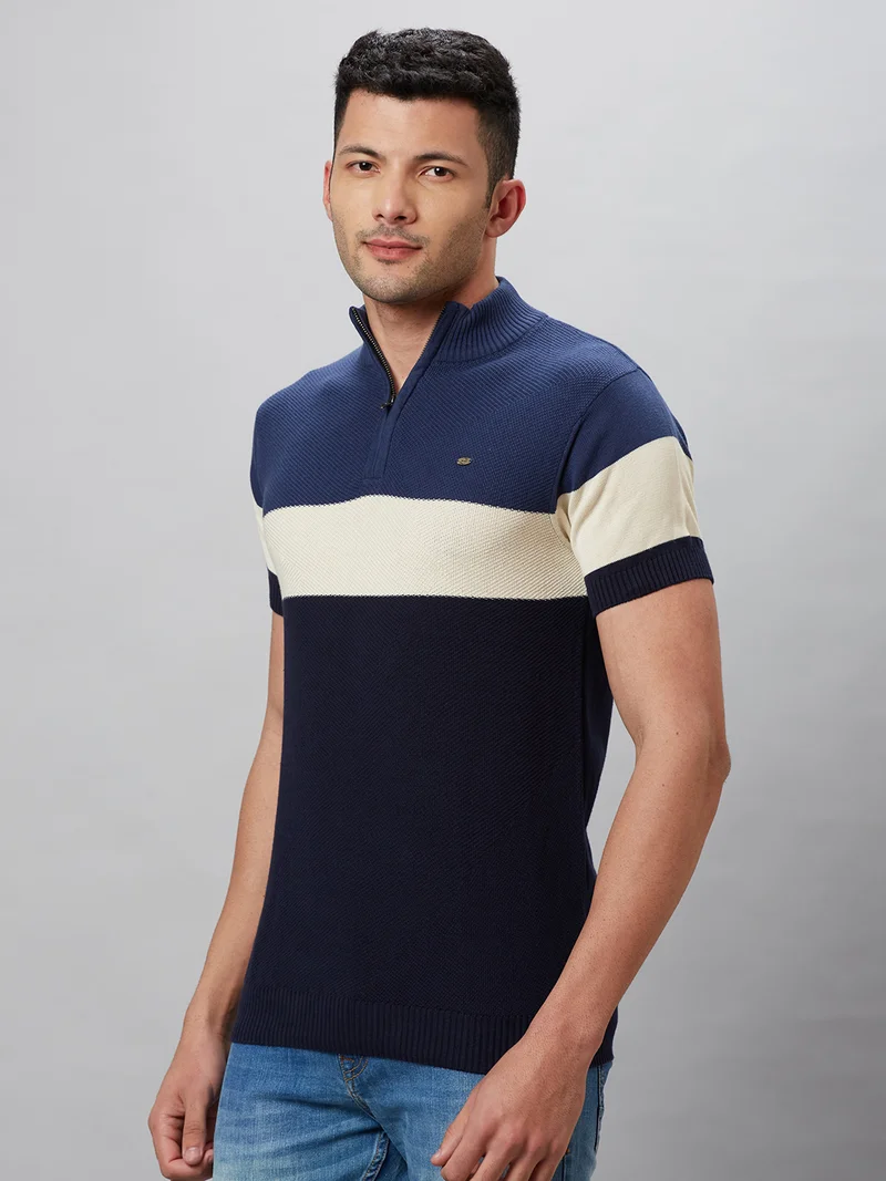 globus Globus Men Navy Blue Colourblocked Cotton High Neck Regular Fit T-shirt