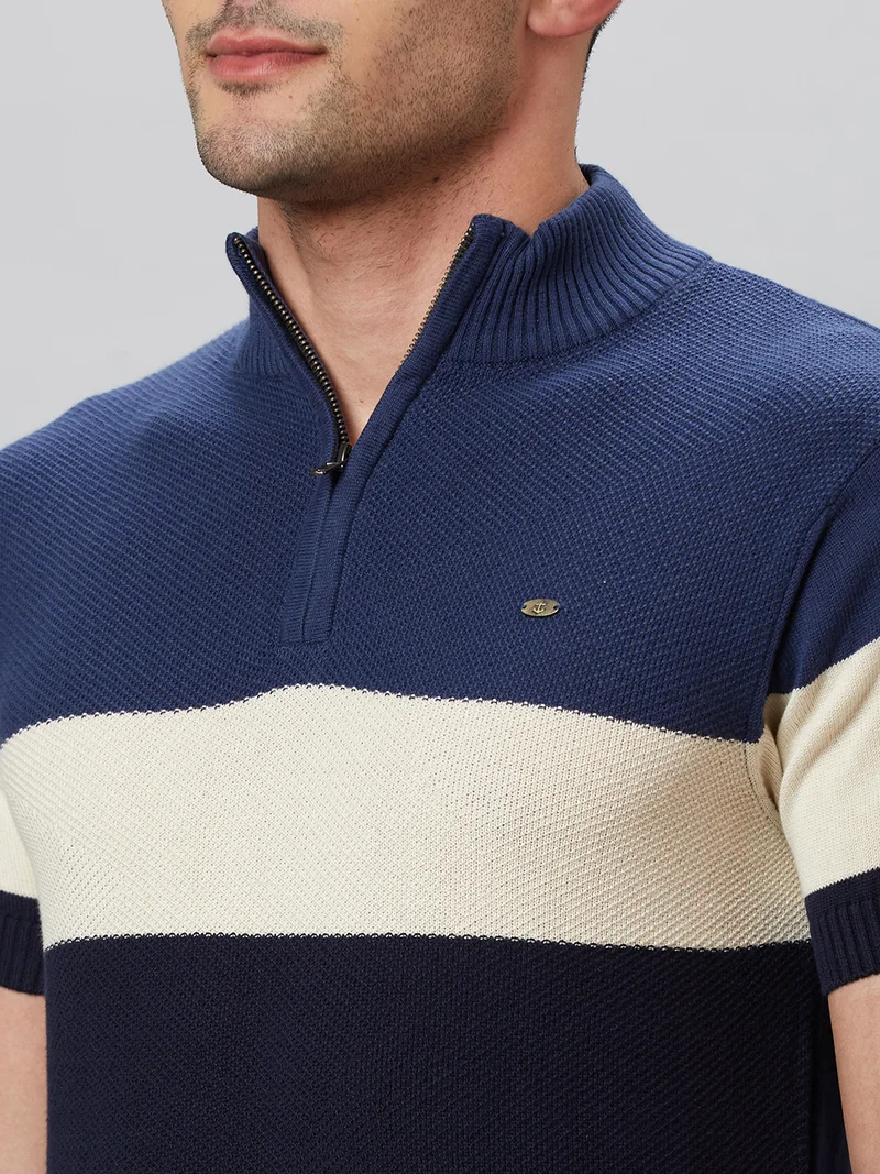 globus Globus Men Navy Blue Colourblocked Cotton High Neck Regular Fit T-shirt