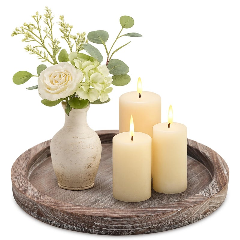 Ayiaren Round Decorative Wood Trays for Coffee Table Counter Farmhouse Kitchen Home Decor Centerpiece Small Wooden Candle Holder Tray Circular Serving Platter Circle Rustic Dining Table Bathroom Perfume Tray - Image 1