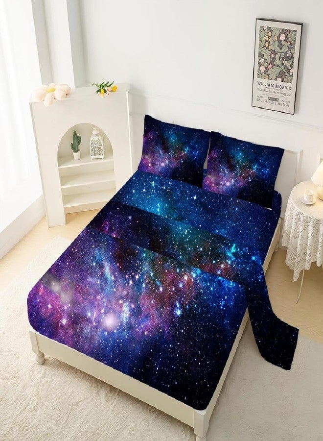 kxry Blue Purple Galaxy Fitted Sheet Sets Full Size for Boys Kids Teens Outer Space Starry Sky Universe Bedding Set 1 Fitted Sheet + 1 Flat Sheet + 2 Pillow Cases - Image 1