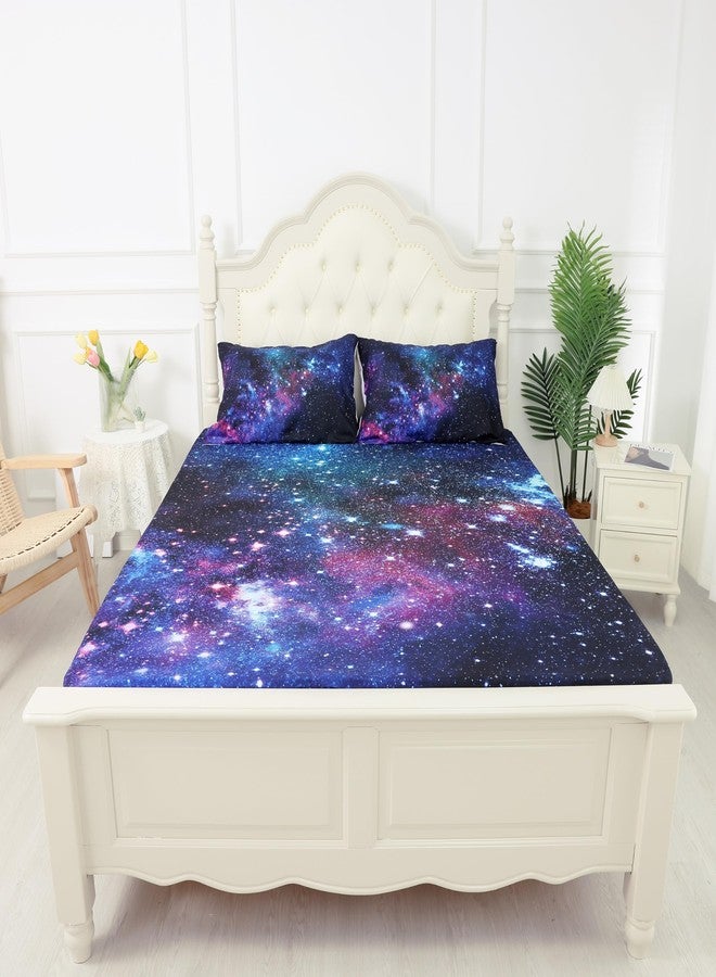 kxry Blue Purple Galaxy Fitted Sheet Sets Full Size for Boys Kids Teens Outer Space Starry Sky Universe Bedding Set 1 Fitted Sheet + 1 Flat Sheet + 2 Pillow Cases - Image 5