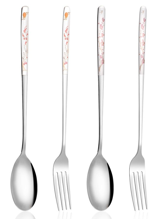 Aysatogc 4PCS Korean Forks and Spoons Set, Korean Utensil Set with Long Handles Salad Forks and Soup Spoons Stainless Steel Silverware sets for Coffee, Desserts Dishwasher Safe, Style 2 - Image 1