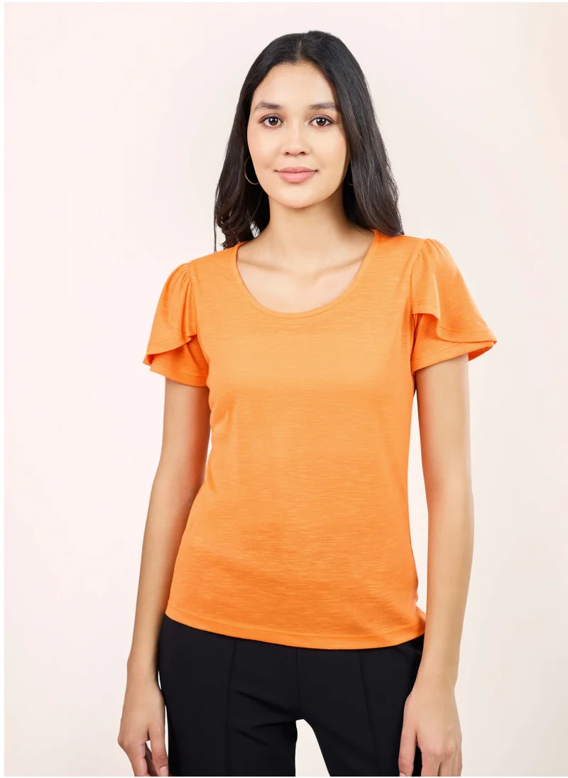 سولت اتاير Vibrant Orange Scoop Neckline Top with Chic Half Length Petal Sleeves in Regular Fit Perfect for Adding a Splash of Color to Your Everyday Style