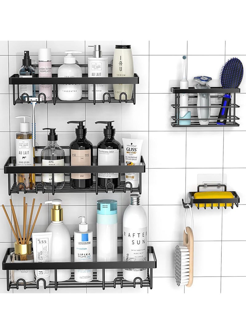 HOMESTAR 6 Pack Shower Caddy, Adhesive Bathroom Organizer, No Drilling, Large Capacity, Rustproof Stainless Steel Organizer with 4 Hooks, Shelf for Inside Black - Image 5