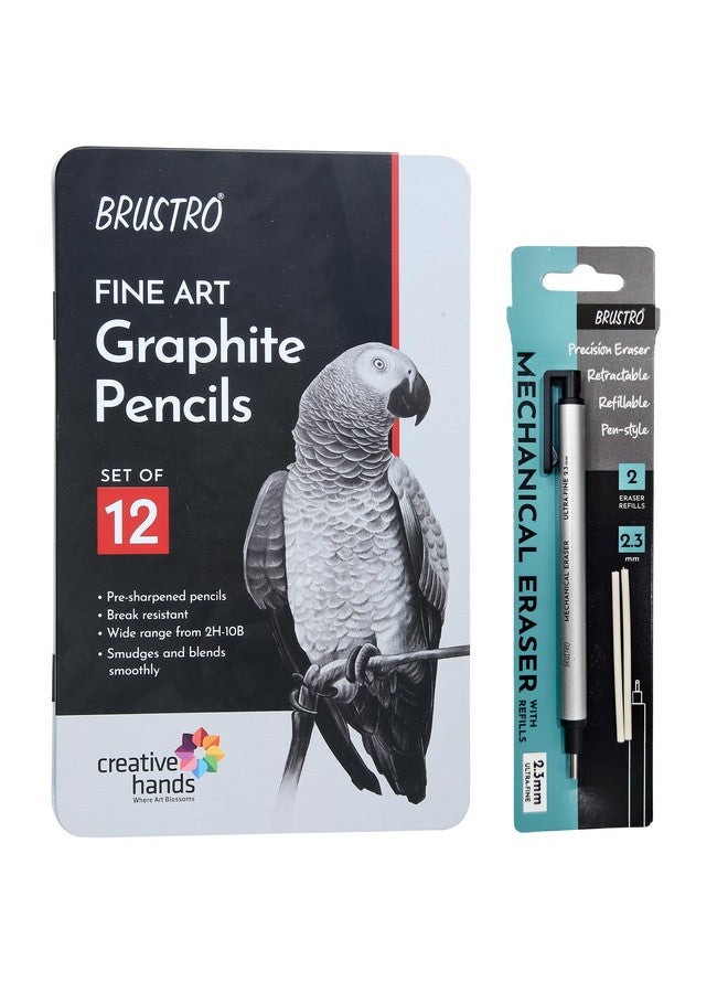 BRUSTRO Fine Art Graphite Pencil - Set of 12 (10B - 2H) with Mechanical Precision Retractable Eraser(2.3mm) | Ideal for Drawing,Sketching,Mandala,Shading,Artwork, Beginners, Artists and Professionals - Image 1