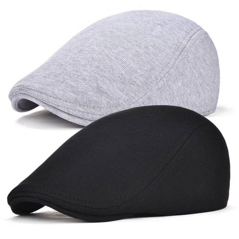 FEINION 2 Pack Men Cotton Newsboy Cap Soft Fit Cabbie Hat (Black/Light Grey) - Image 1