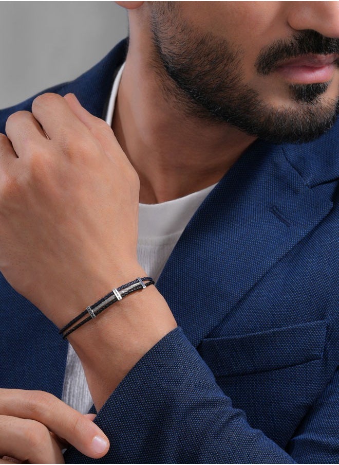 CERRUTI 1881 Vittorio Silverand Navy Blue Leather Bracelet  - Image 4