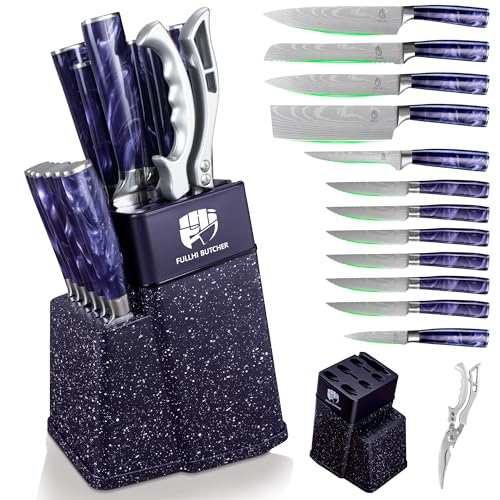 FULLHI 14pcs Block Knife Set Chefs Knife Steak Knives Set with Block and Sharpener Kitchen Knife Set Multicolour Handle Gifts for Men Women - Image 1