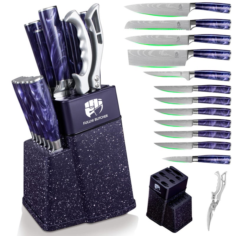 FULLHI 14pcs Block Knife Set Chefs Knife Steak Knives Set with Block and Sharpener Kitchen Knife Set Multicolour Handle Gifts for Men Women - Image 2