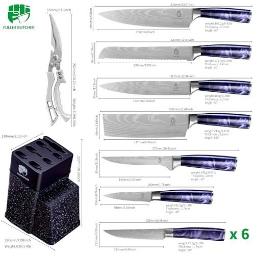 FULLHI 14pcs Block Knife Set Chefs Knife Steak Knives Set with Block and Sharpener Kitchen Knife Set Multicolour Handle Gifts for Men Women - Image 3