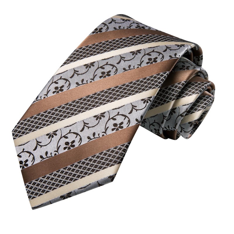 Hi-Tie Silk Paisley Ties for Men Necktie Pocket Square Cufflinks Set Foral Tie Sets Formal Business,Khaki Floral - Image 4