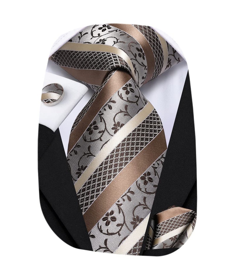 Hi-Tie Silk Paisley Ties for Men Necktie Pocket Square Cufflinks Set Foral Tie Sets Formal Business,Khaki Floral - Image 1