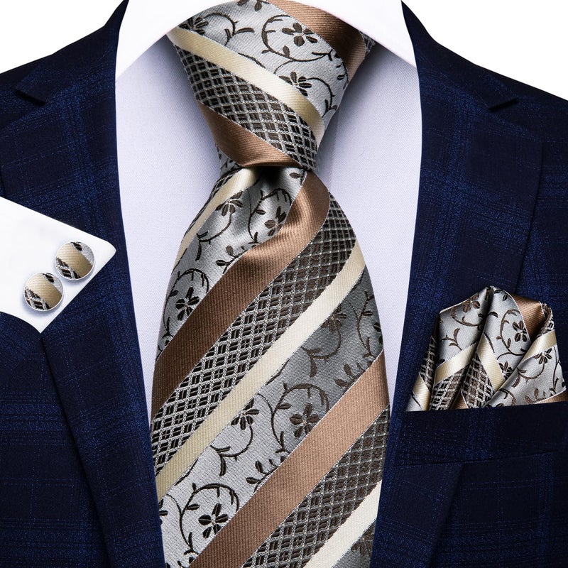Hi-Tie Silk Paisley Ties for Men Necktie Pocket Square Cufflinks Set Foral Tie Sets Formal Business,Khaki Floral - Image 3