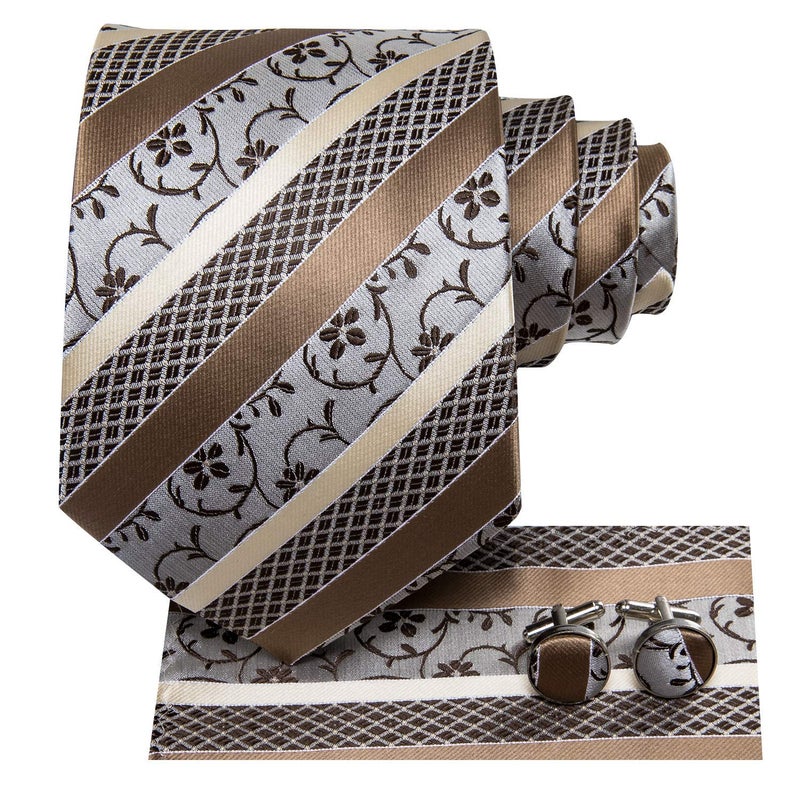 Hi-Tie Silk Paisley Ties for Men Necktie Pocket Square Cufflinks Set Foral Tie Sets Formal Business,Khaki Floral - Image 2
