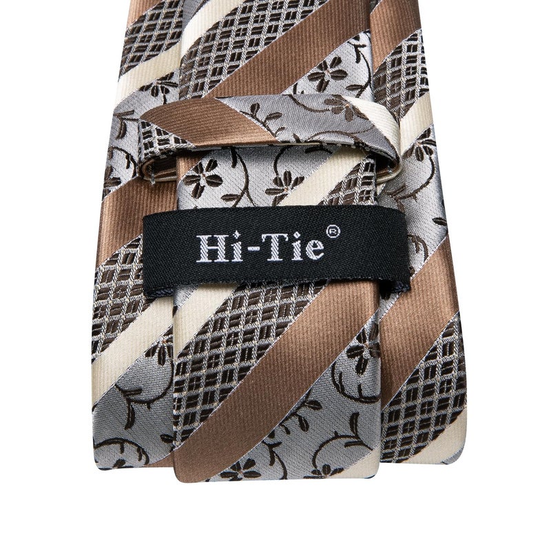 Hi-Tie Silk Paisley Ties for Men Necktie Pocket Square Cufflinks Set Foral Tie Sets Formal Business,Khaki Floral - Image 5