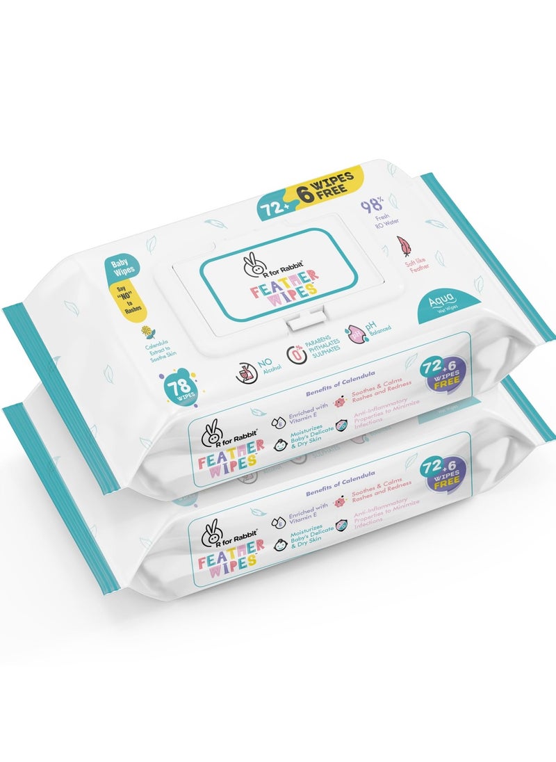 R for Rabbit R For Rabbit Feather Aqua Baby Wipes Combo Pack Of 156 Units Pure Water Wet Wipes for Babies With Lid Combo of 2 Packs  - Image 1