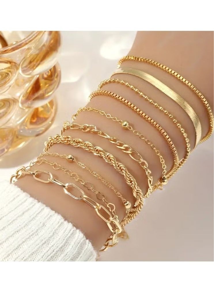 A Set Of 10 Pieces Of Women's Stackable Bracelets, Featuring A Simple And Classic Twisted Snake Chain Design, Suitable For Daily Wear Or As A Gift For Holidays. - Image 1