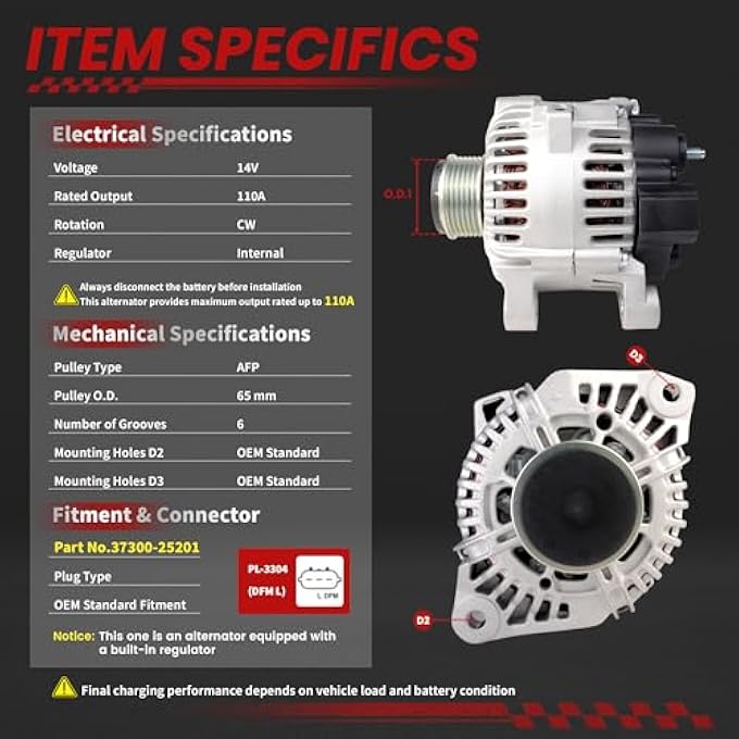 TSSLIIN High Output Alternator for-Hyundai Sonata for-Kia Forte Forte Koup Forte5 Magentis Optima Rondo 12V 110A 6-Groove Pulley 37300-25201 11189N 2606128A - Image 5