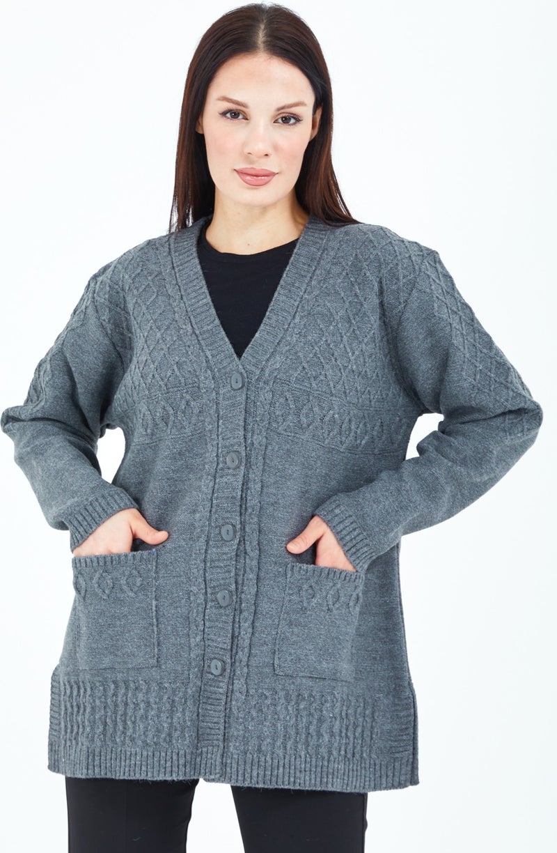 Stilmony Women's Gray Buttoned Wool Mother's Knitwear Short Cardigan - Image 2