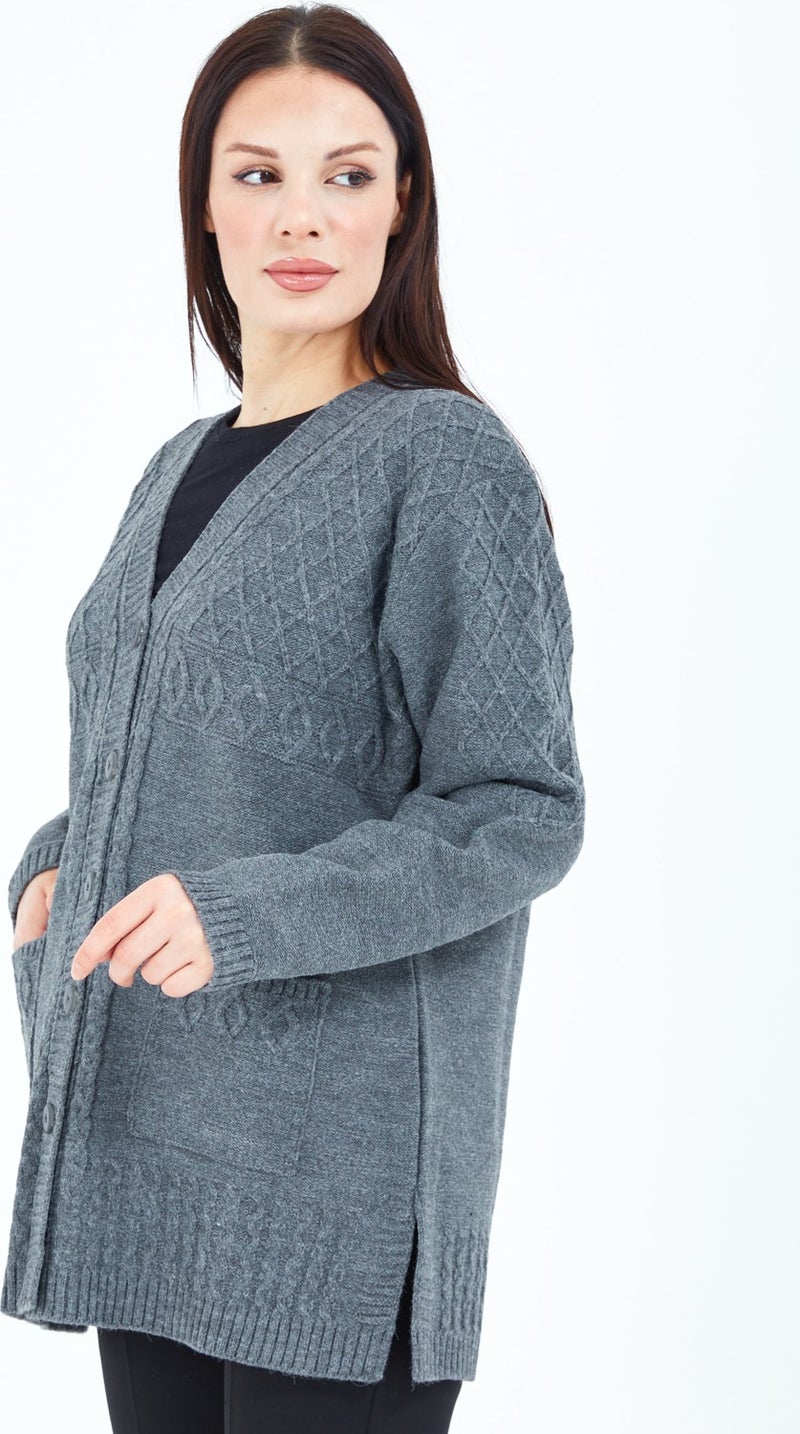 Stilmony Women's Gray Buttoned Wool Mother's Knitwear Short Cardigan - Image 5