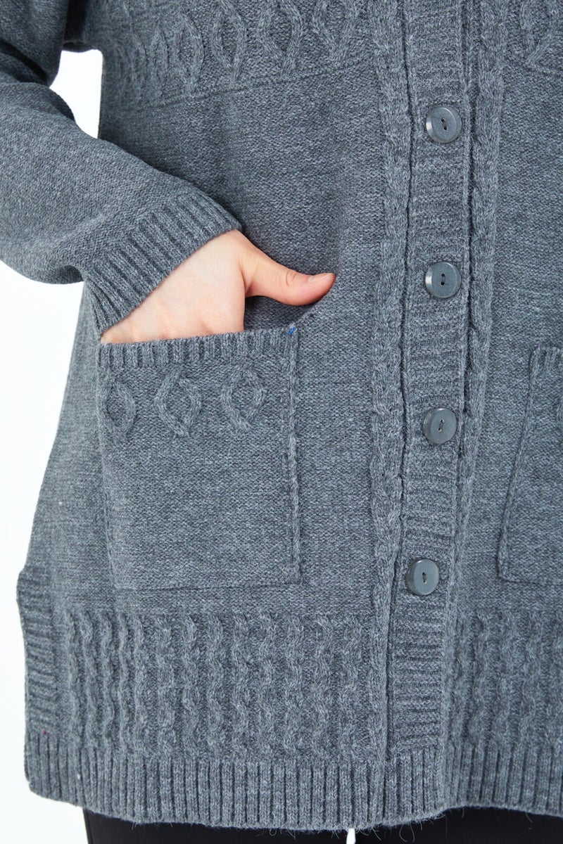 Stilmony Women's Gray Buttoned Wool Mother's Knitwear Short Cardigan - Image 3