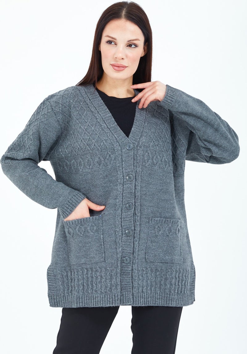 Stilmony Women's Gray Buttoned Wool Mother's Knitwear Short Cardigan - Image 4