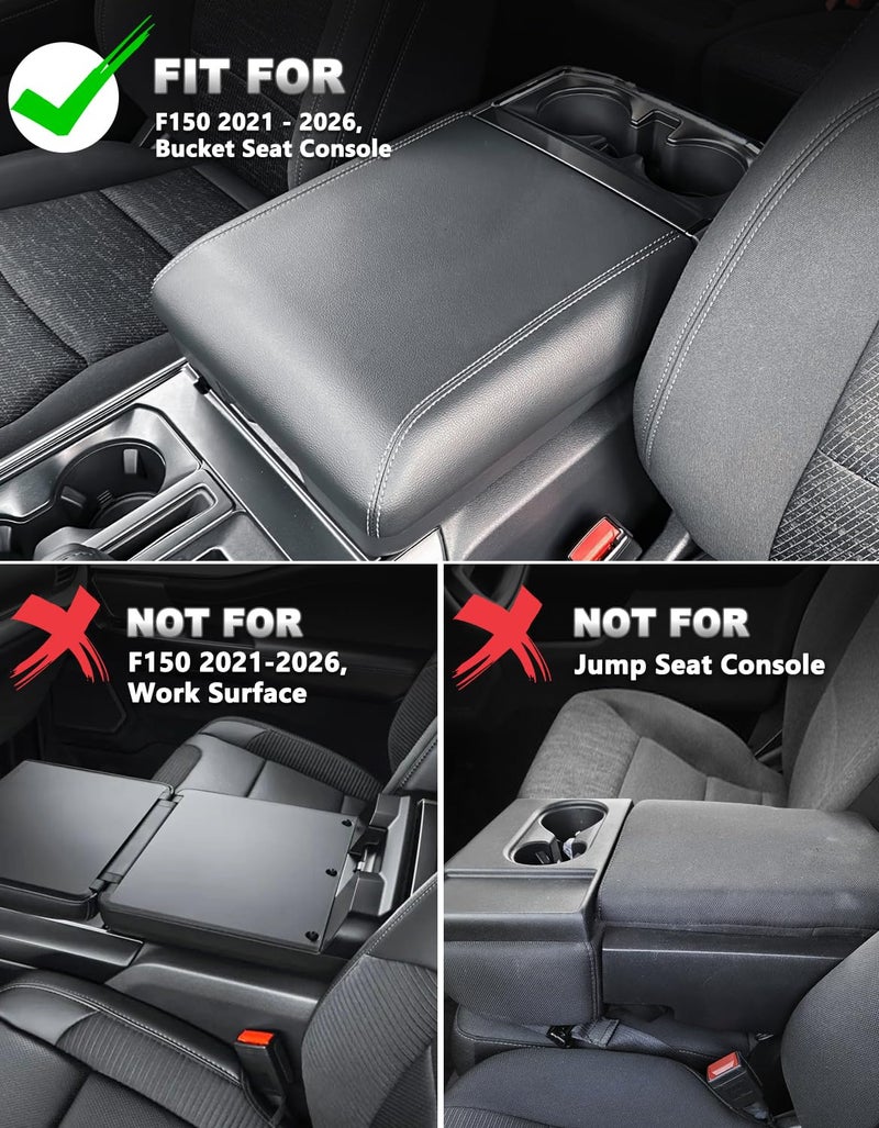 Eaglecover Center Console Cover for 2021-2026 Ford F150 Accessories, Vinyl Leather Middle Armrest Cusion Protector, Anti-Scratch, Black Gray Stitches, Bucket Seat Only(not for Work Station) - Image 2