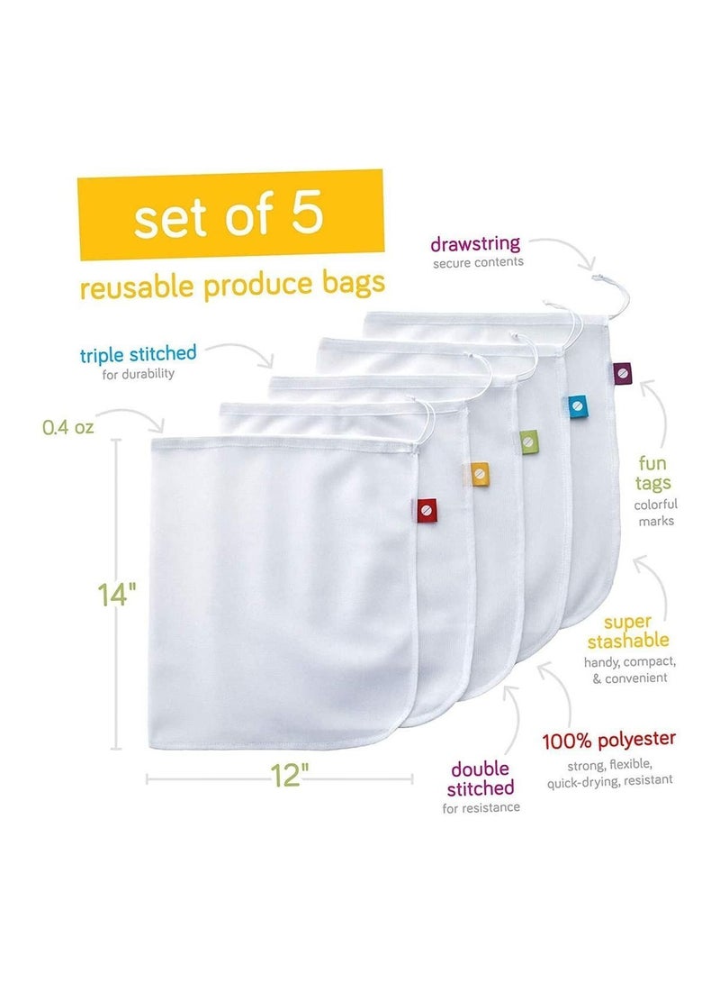 Y&D Reusable Produce Bags, Mesh Bags For Fruit Vegetable, Set of 5, Large, 12x14 in, Washable, Premium Strength, Zero Waste, Bag Drawstring, Vegetables Fruits Grocery - Image 2