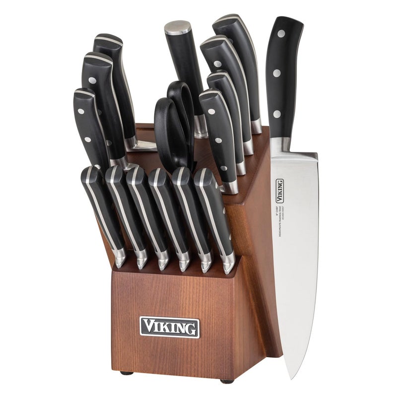 Viking Kitchen Knives Set 17 Piece Cutlery Set with Light Walnut Knife Block Stainless Steel Blades and Ergonomic Handles Dishwasher Safe